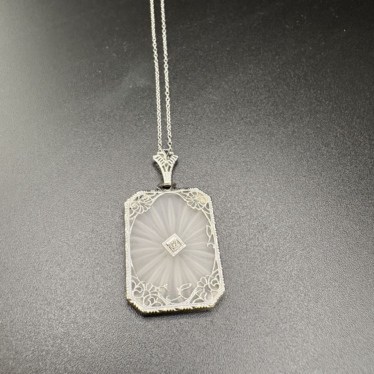 14 K WHITE GOLD ART DECO, ROCK CRYSTAL &amp; DIAMOND