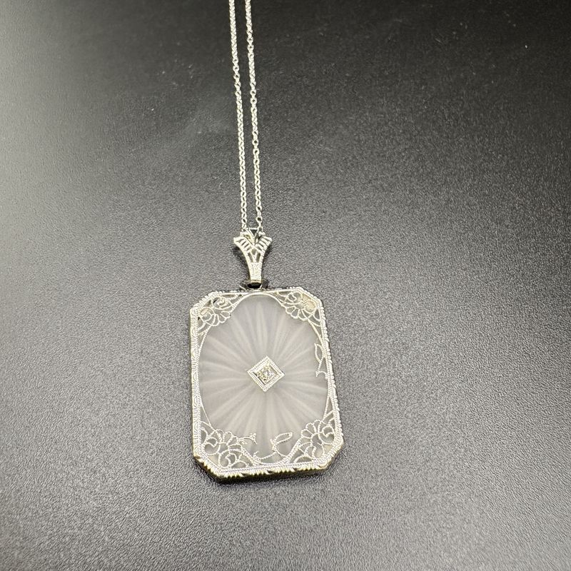 14 K WHITE GOLD ART DECO, ROCK CRYSTAL &amp; DIAMOND