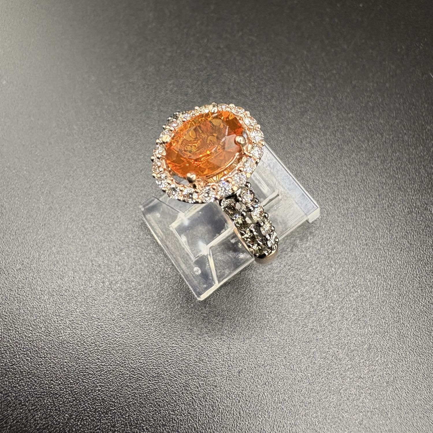 14K ROSE GOLD LEVIAN FIRE OPAL, WHITE AND CHAMPAGNE DIAMONDS, SIZE 7, 4.04G