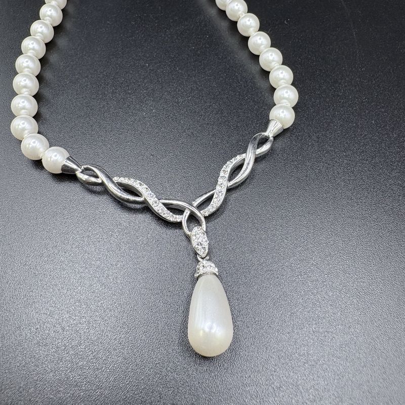 STERLING SILVER FAUX PEARL AND CZ NECKLACE 19"