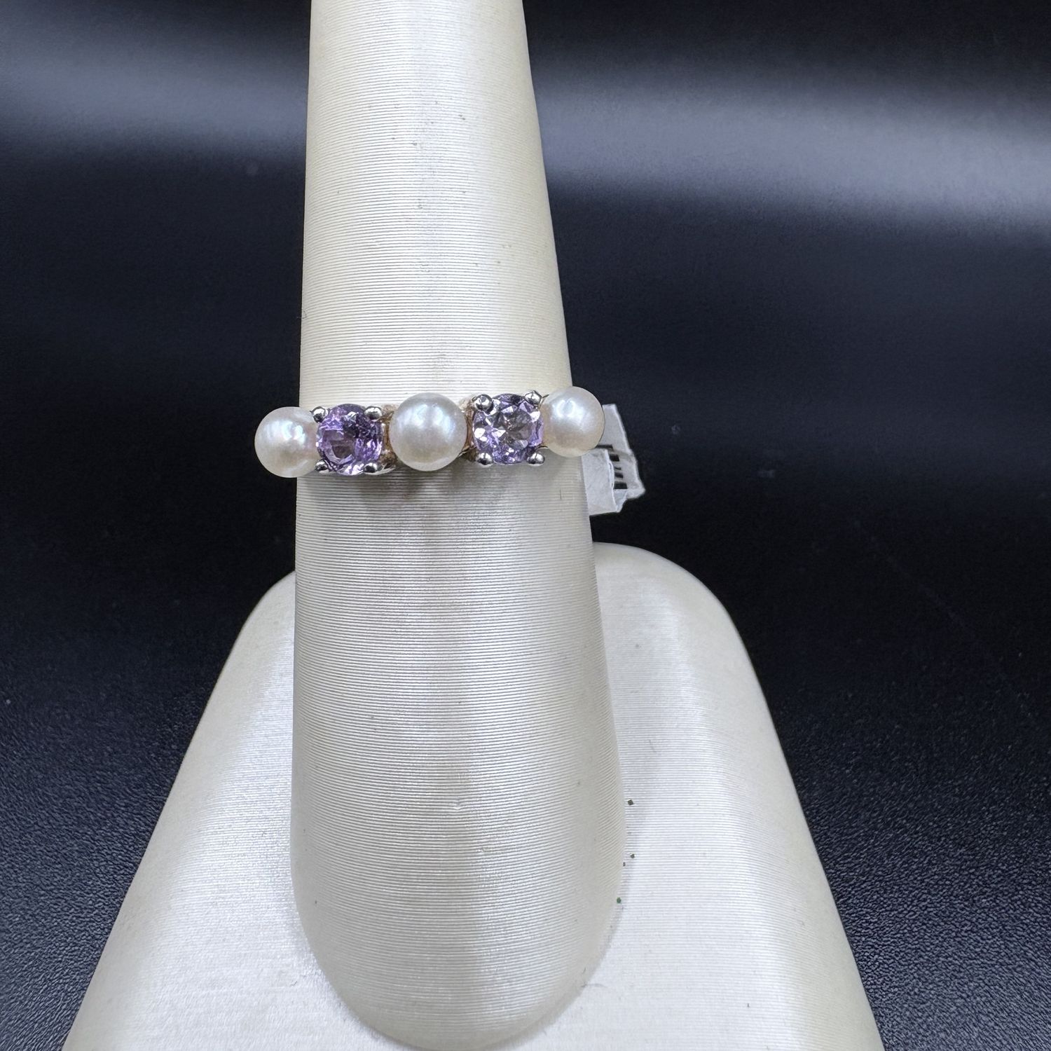 STERLING SILVER PEARL &amp; AMETHYST RING SIZE 6