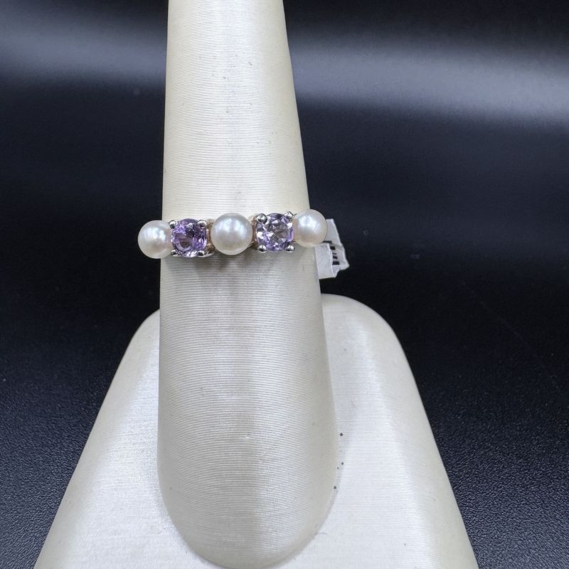 STERLING SILVER PEARL &amp; AMETHYST RING SIZE 6