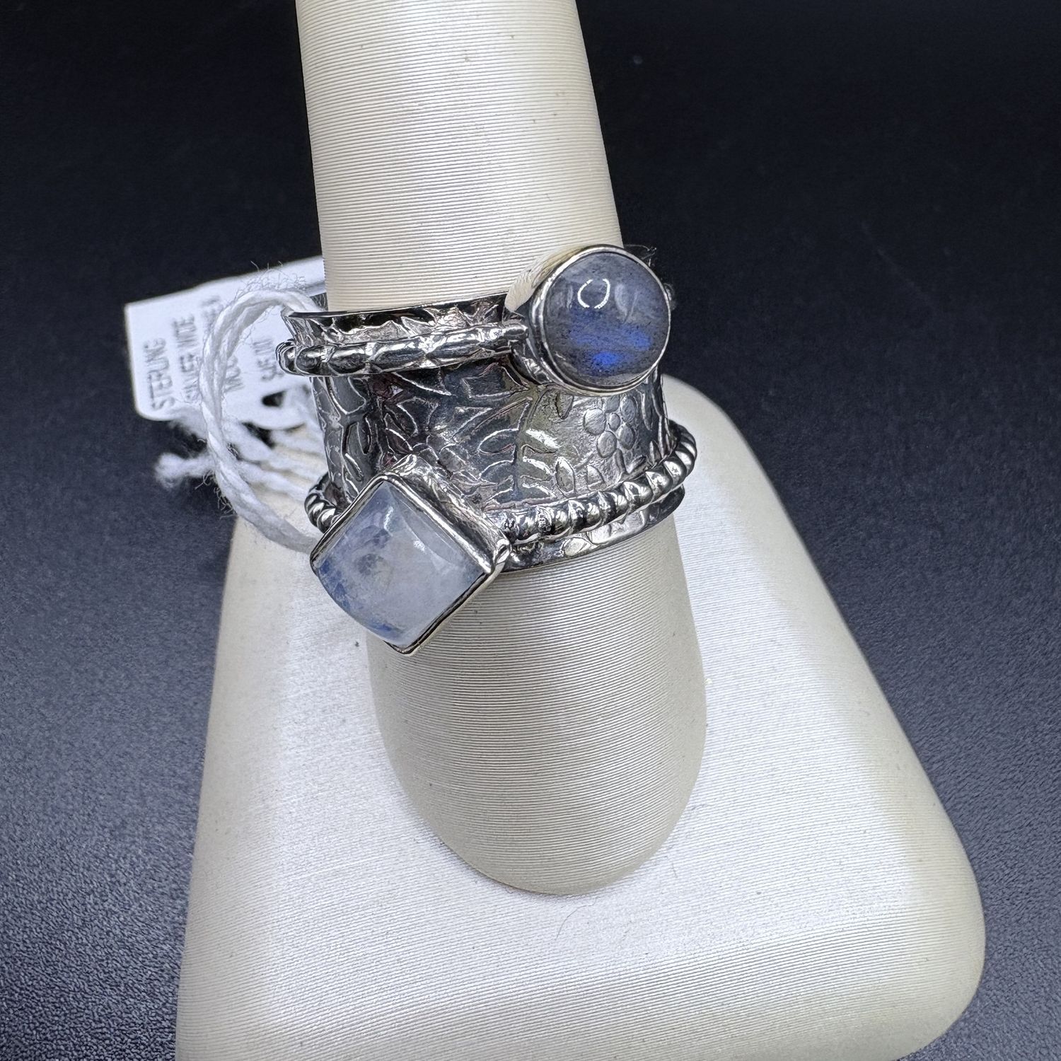 STERLING SILVER WIDE MOONSTONE &amp; LABRADORITE RING SIZE 8