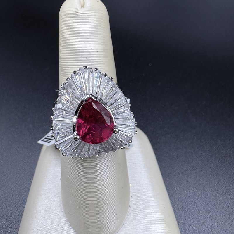 STERLING SILVER SIMULATED RUBY WITH CZ RING SIZE 6