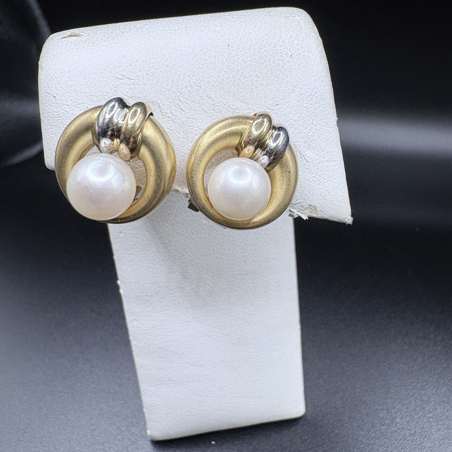 18K VINTAGE TWO TONED PEARL OMEGA  CLIP BACK EARRINGS