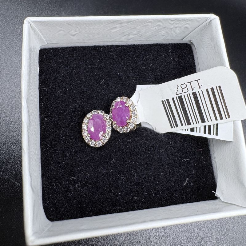 10K OVAL RUBY STUD  WITH DIAMOND HALO EARRINGS