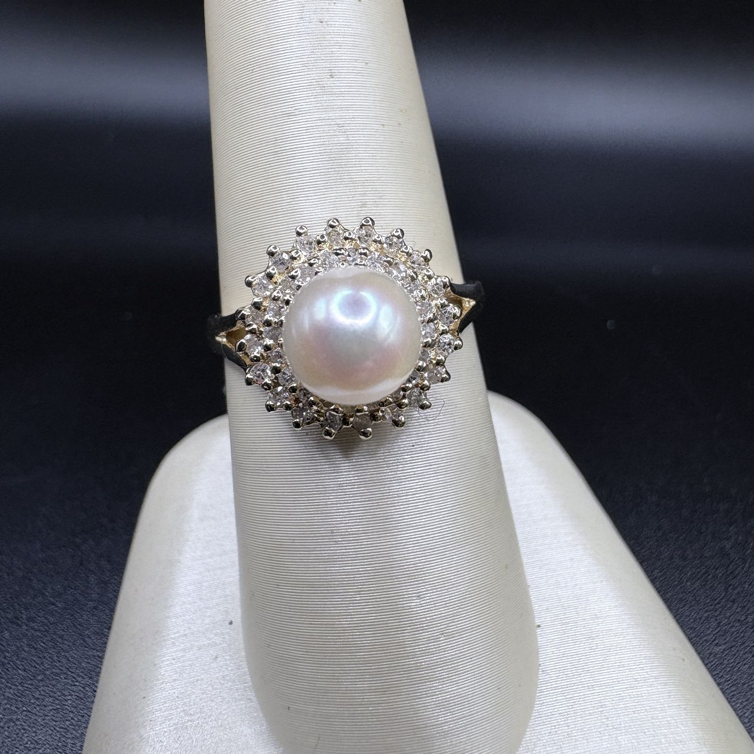 14KY 7MM PEARL, 0.20CT DIAMOND  DOUBLE HALO RING, SIZE 6 3/4, 3.29G