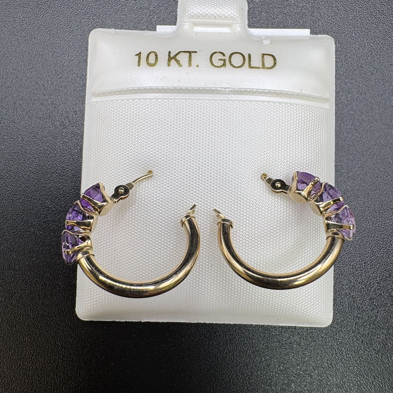 10K  THREE AMETHYST HOOP EARRINGS