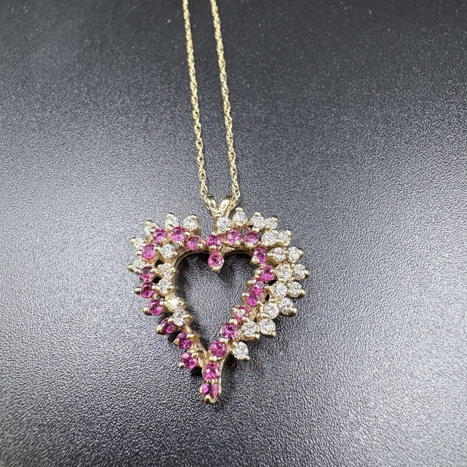14K RUBY AND DIAMOND HEART ON ROLO CHAIN 17&quot;