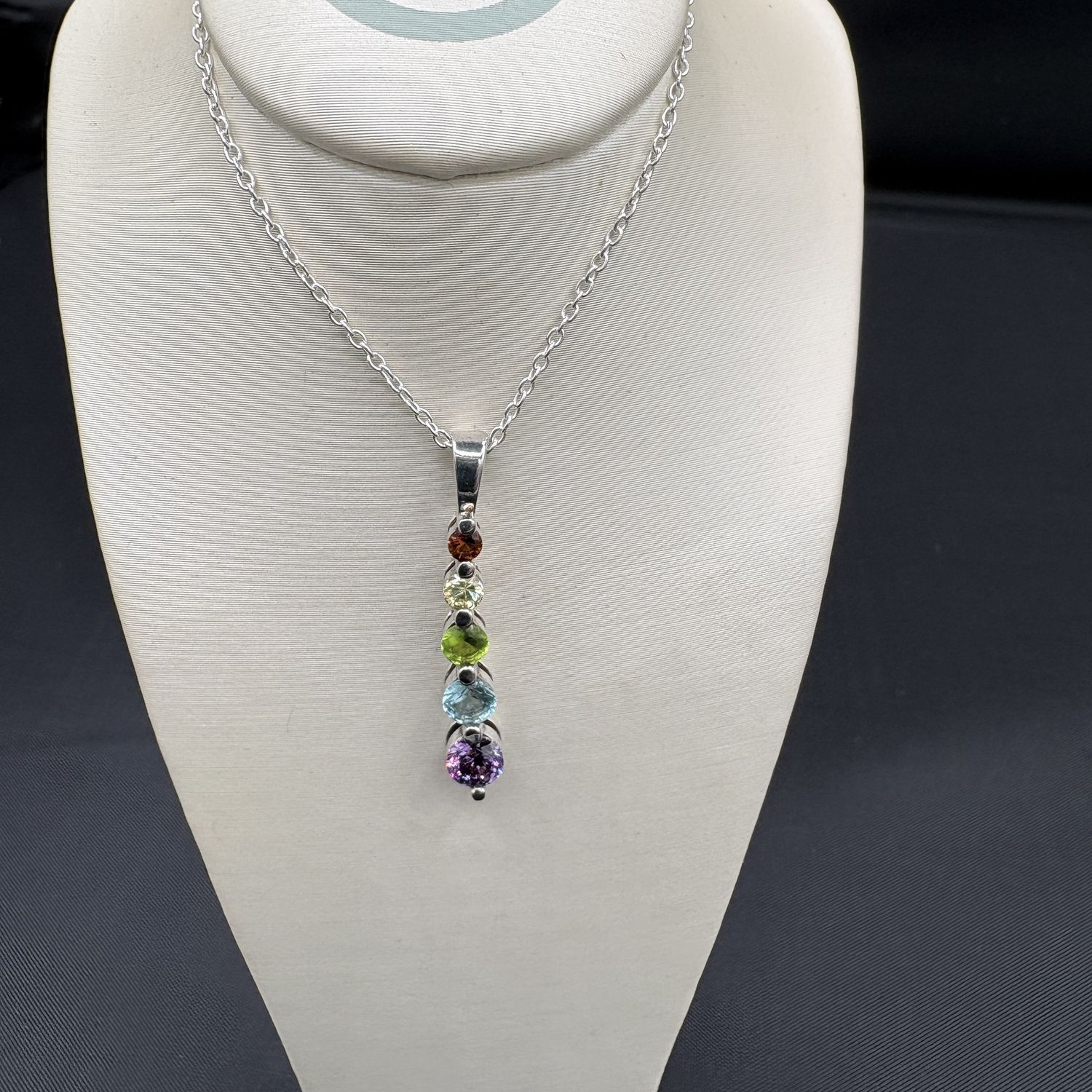 STERLING SILVER 5 STONE RAINBOW PENDANT AND CHAIN 18"