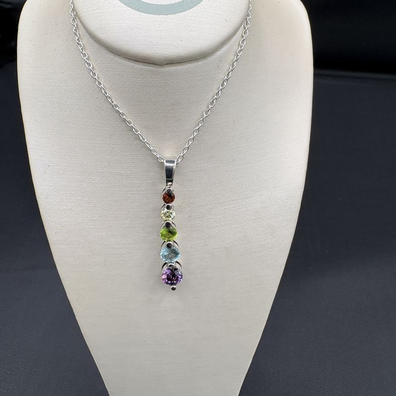 STERLING SILVER 5 STONE RAINBOW PENDANT AND CHAIN 18"