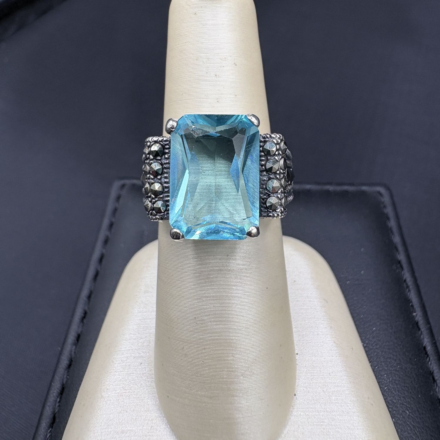SS BLUE TOPAZ, EMERALD CUT, MARCASITE RING, SIZE 6, 7.4 GRAMS
