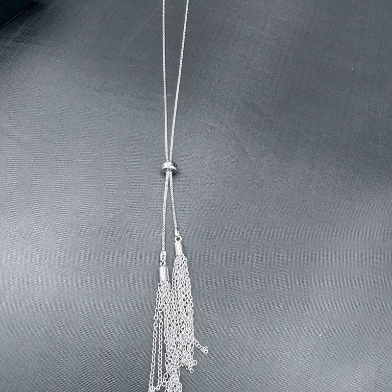 SLIVER TONE BOLO NECKLACE WITH FRINGE