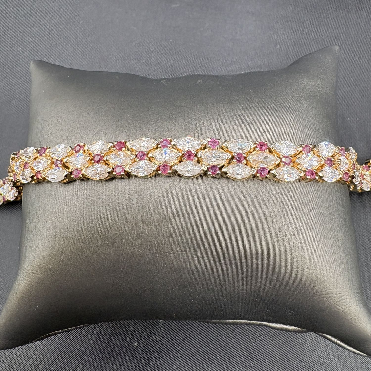 STERLING GOLD PLATED 3 ROW MARQUISE CZ WITH PINK AND PURPLE STONES