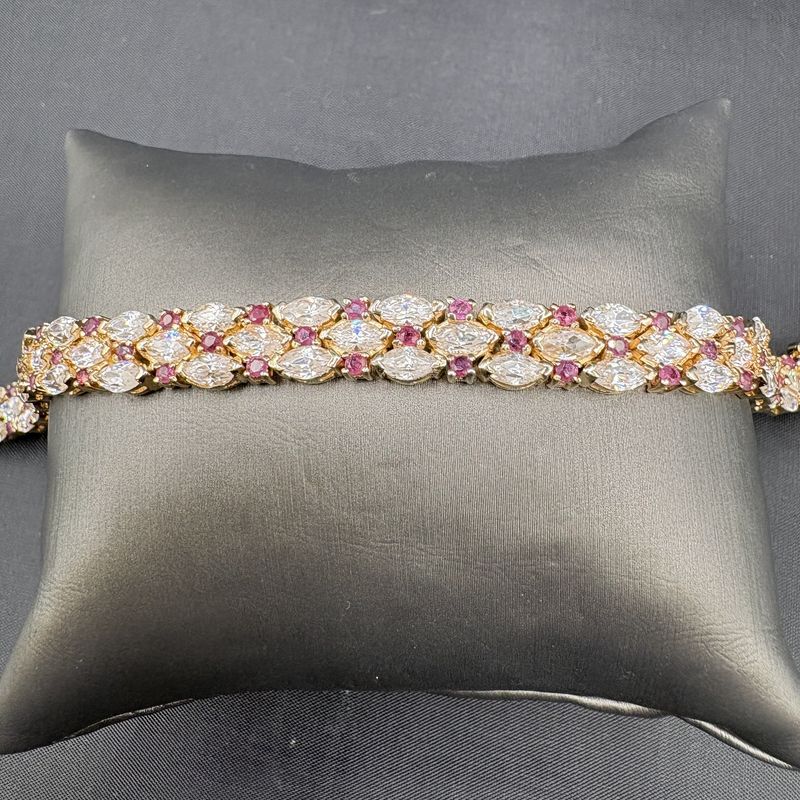 STERLING GOLD PLATED 3 ROW MARQUISE CZ WITH PINK AND PURPLE STONES