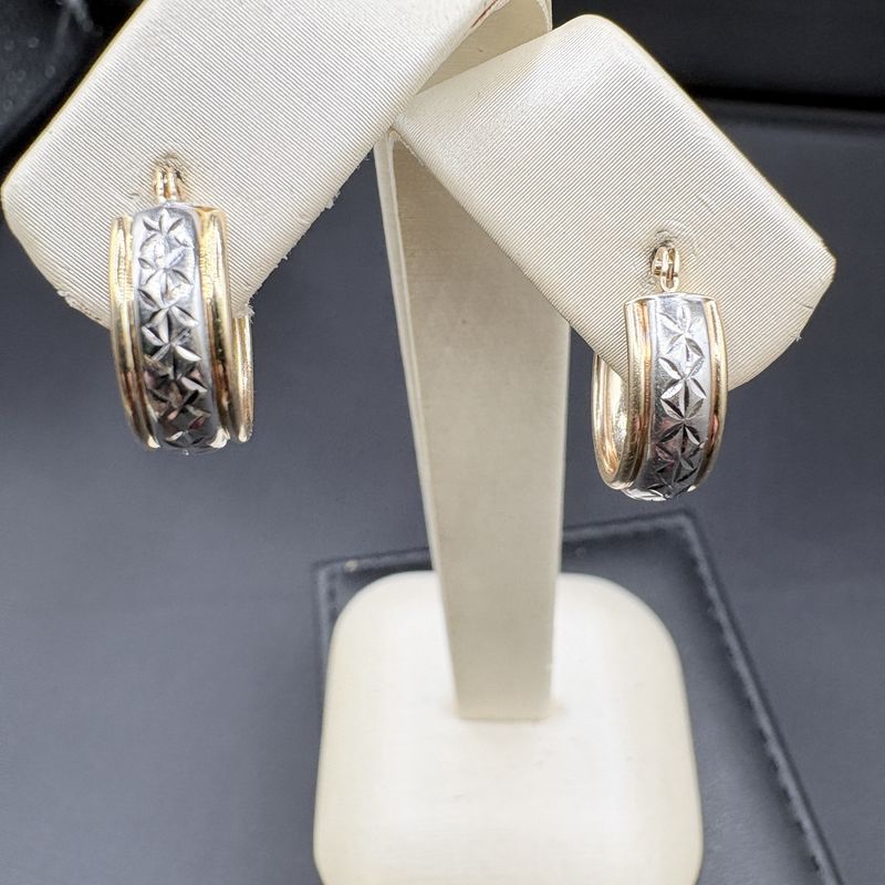 14K TWO TONE DIAMOND CUT HOOPS