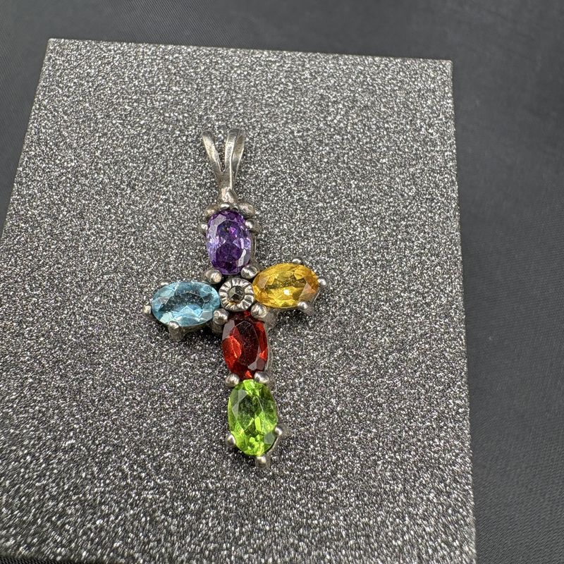 STERLING CROSS PENDANT WITH MULTI COLORED STONES