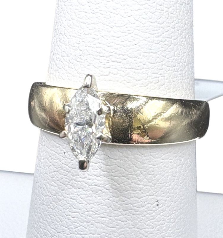 14K APROX 0.33 CT MARQUIS, WIDE BAND , SIZE 7, 3.6G