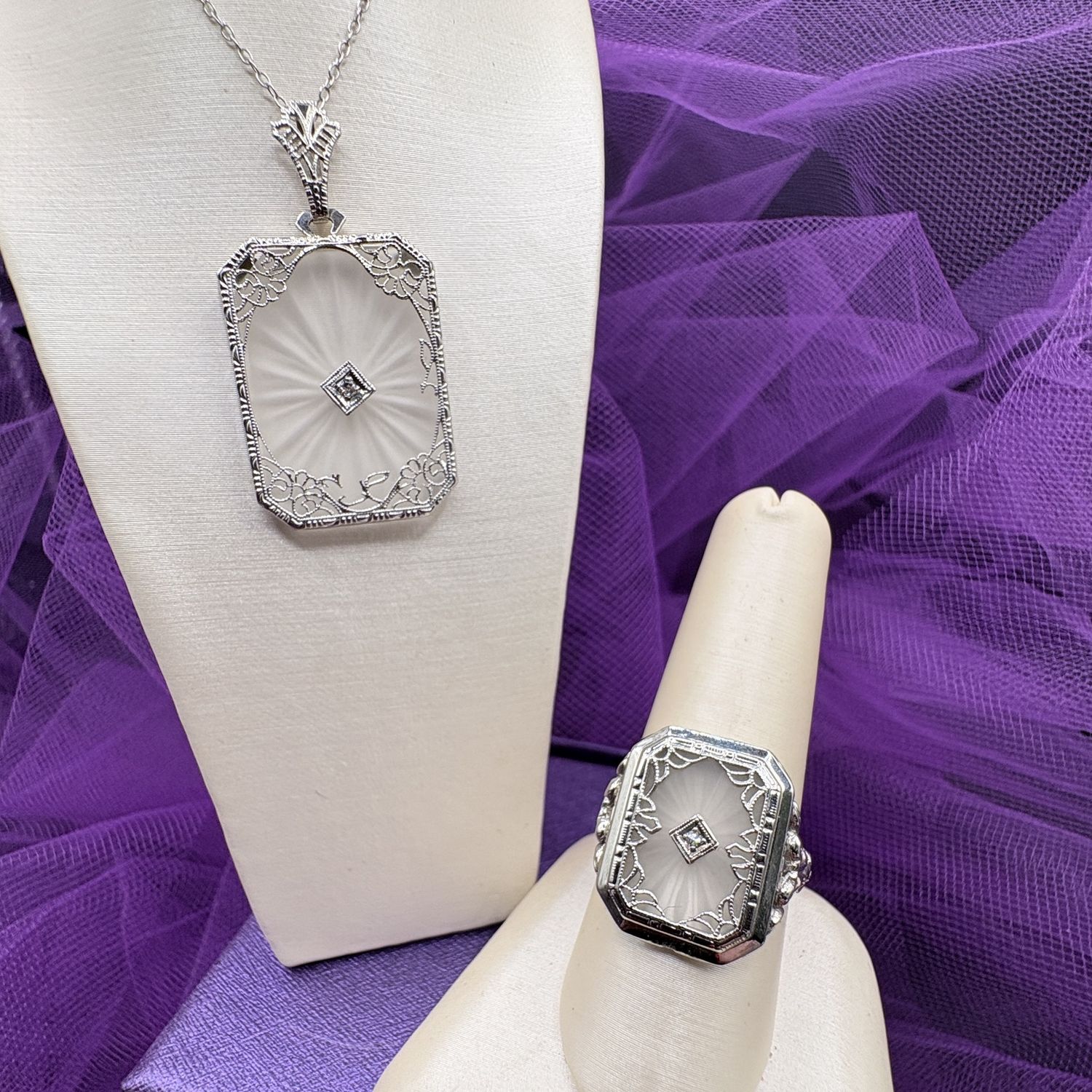 14 K WHITE GOLD ART DECO, ROCK CRYSTAL &amp; DIAMOND