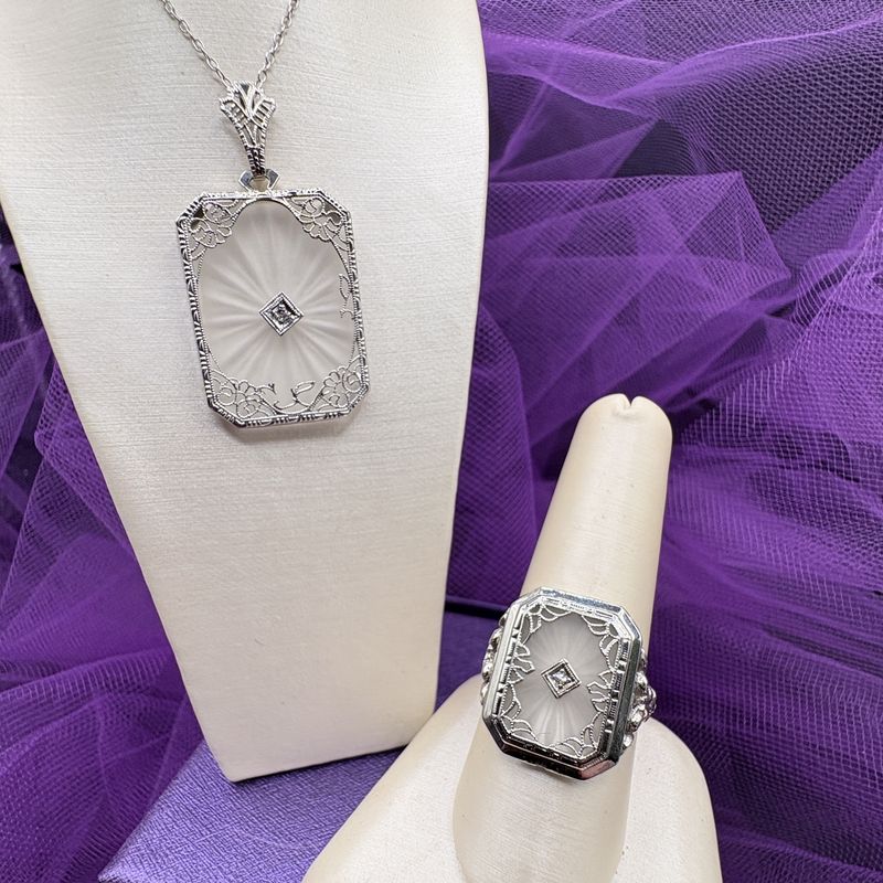 14 K WHITE GOLD ART DECO, ROCK CRYSTAL &amp; DIAMOND