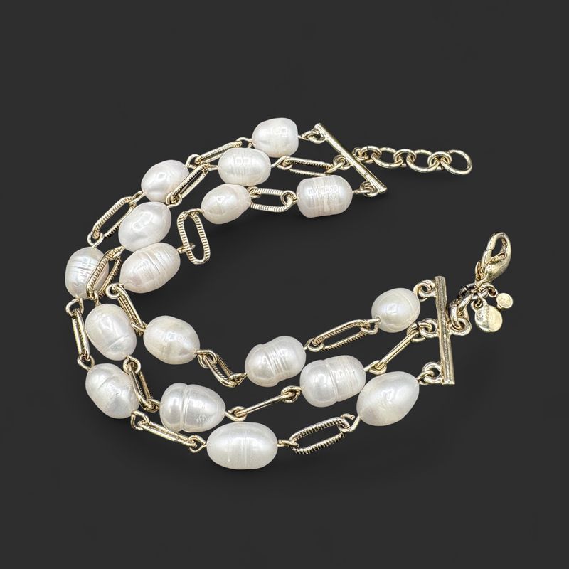 YELLOW GOLD TONED PEARL THREE STRAND 8" BRACELET