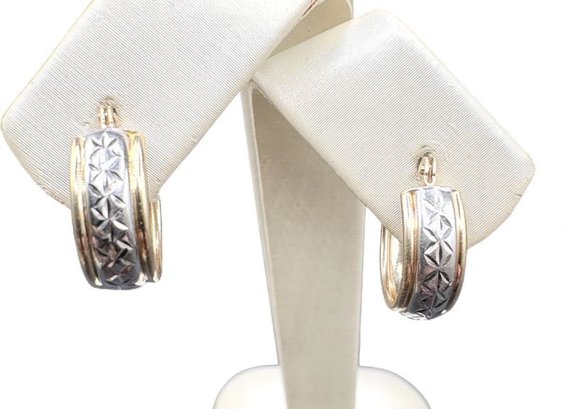 14K TWO TONE DIAMOND CUT HOOPS