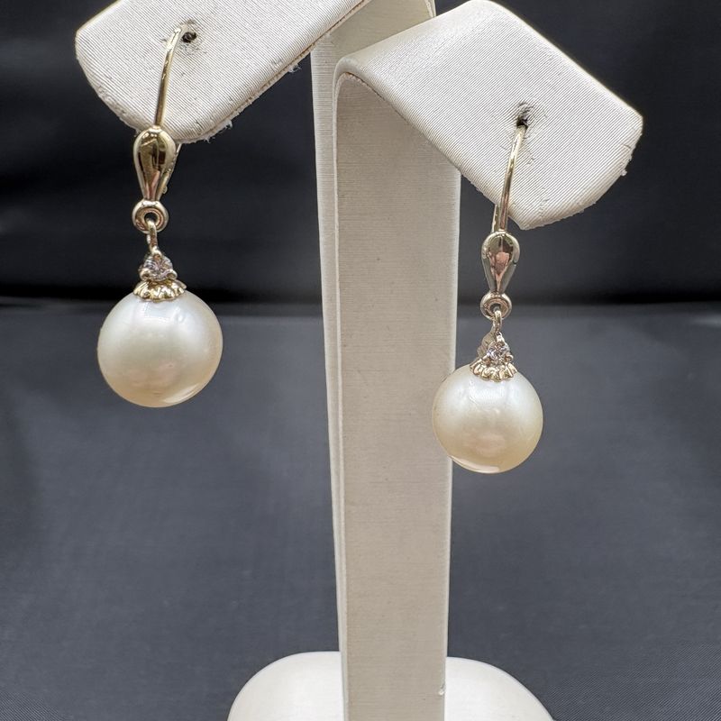 14K SOUTH SEA GOLD PEARL &amp; DIAMOND DANGLE EARRING