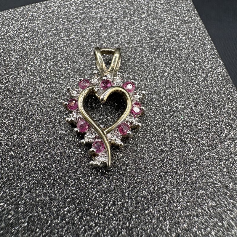 STERLING GOLD PLATED HEART PENDANT WITH RUBY &amp; DIAMOND