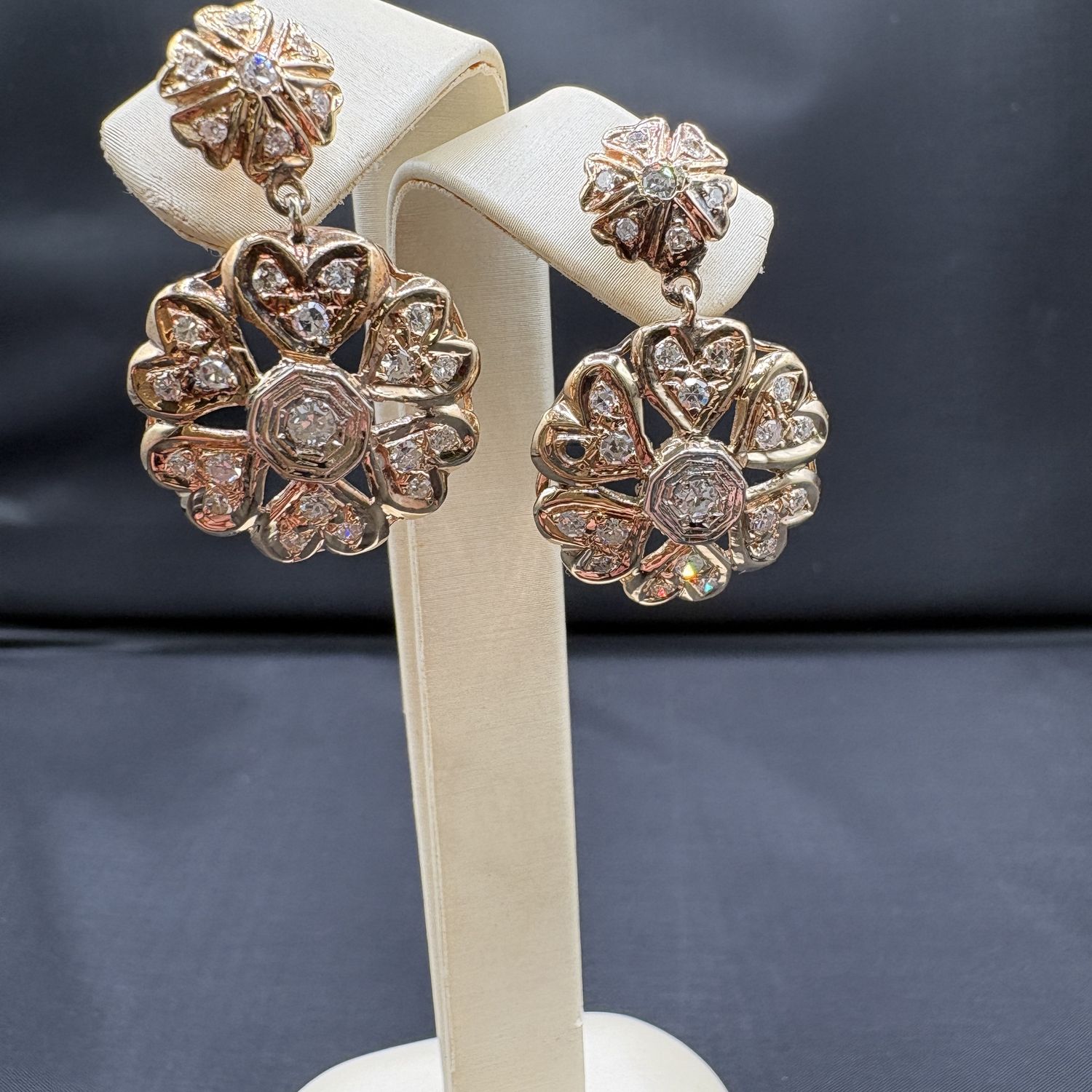 14K FLORAL DANGLE HEART &amp; DIAMOND EARRING