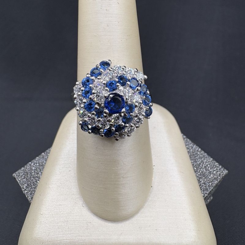 STERLING BLUE &amp; SILVER CZ SPIRAL RING SIZE 7