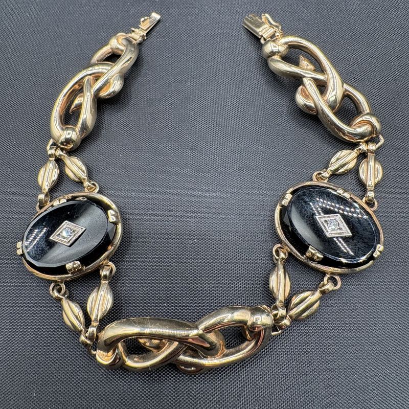 14K ART DECO ONYX &amp; DIAMOND BRACELET 8"