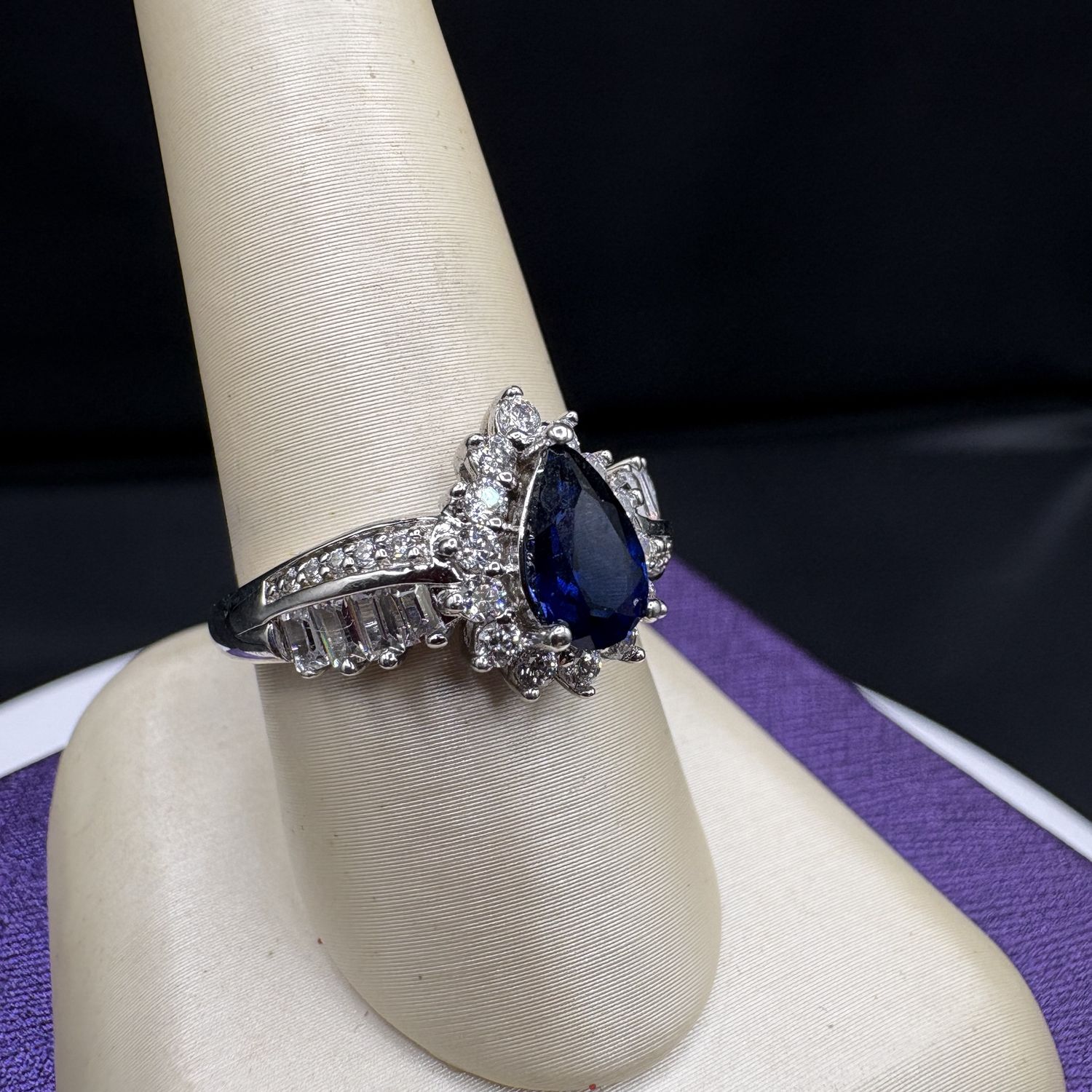 STERLING CREATED SAPPHIRE &amp; CZ RING SIZE 8