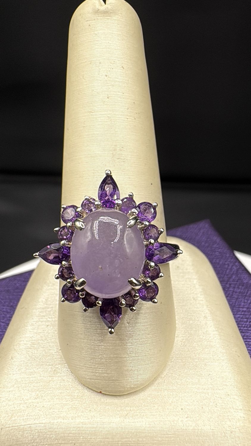 STERLING PURPLE JADE CABOCHON RING SIZE 8.5