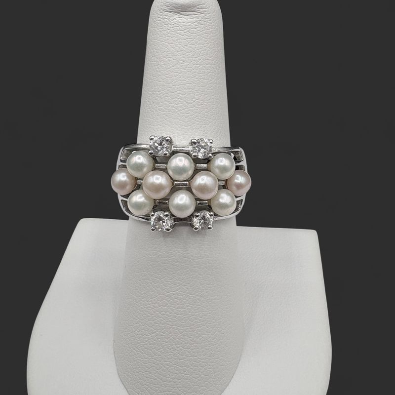 STERLING PEARL CLUSTER  &amp; CZ RING SZ 7.25
