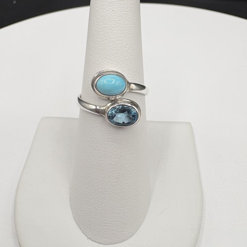 STERLING TURQUOISE &amp; BLUE TOPAZ BYPASS RING SIZE 7