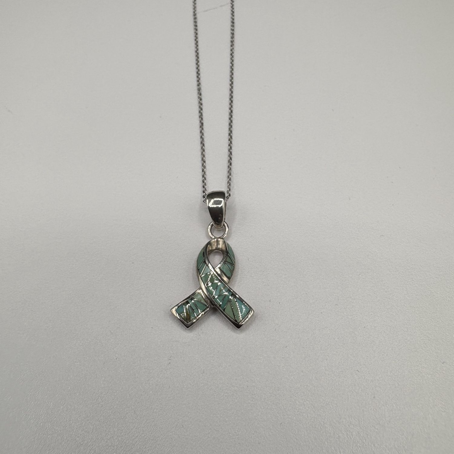 STERLING TURQUOISE MEMORIAL RIBBON WITH 20" CHAIN