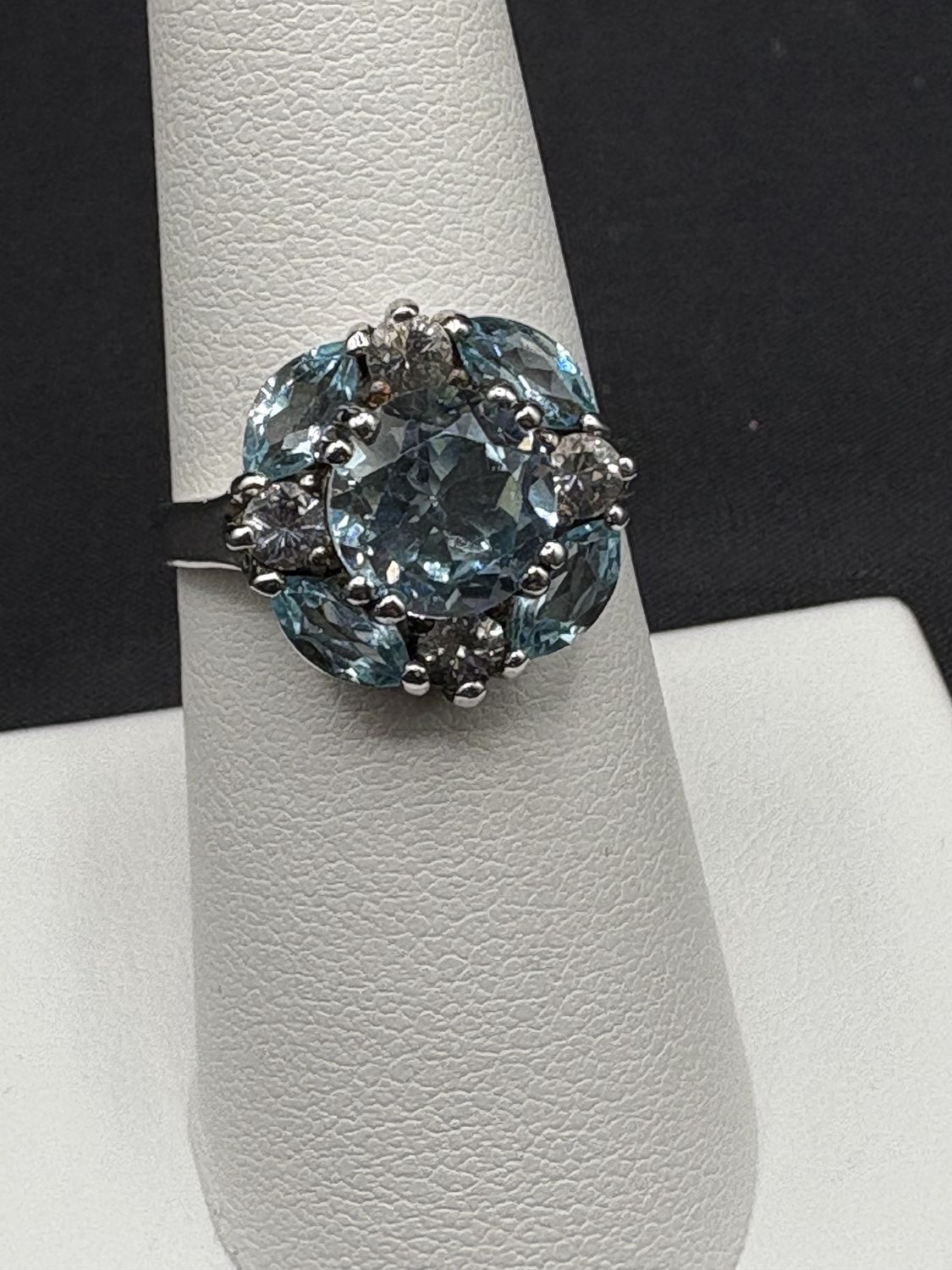 STERLING BLUE TOPAZ &amp; CZ RING SIZE 7.25