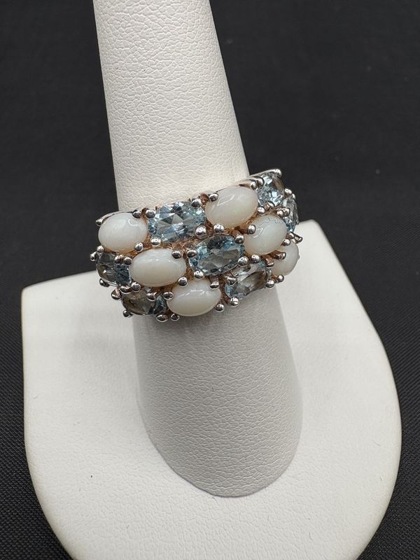 STERLING OPAL &amp; BLUE TOPAZ COCKTAIL RING SIZE 8