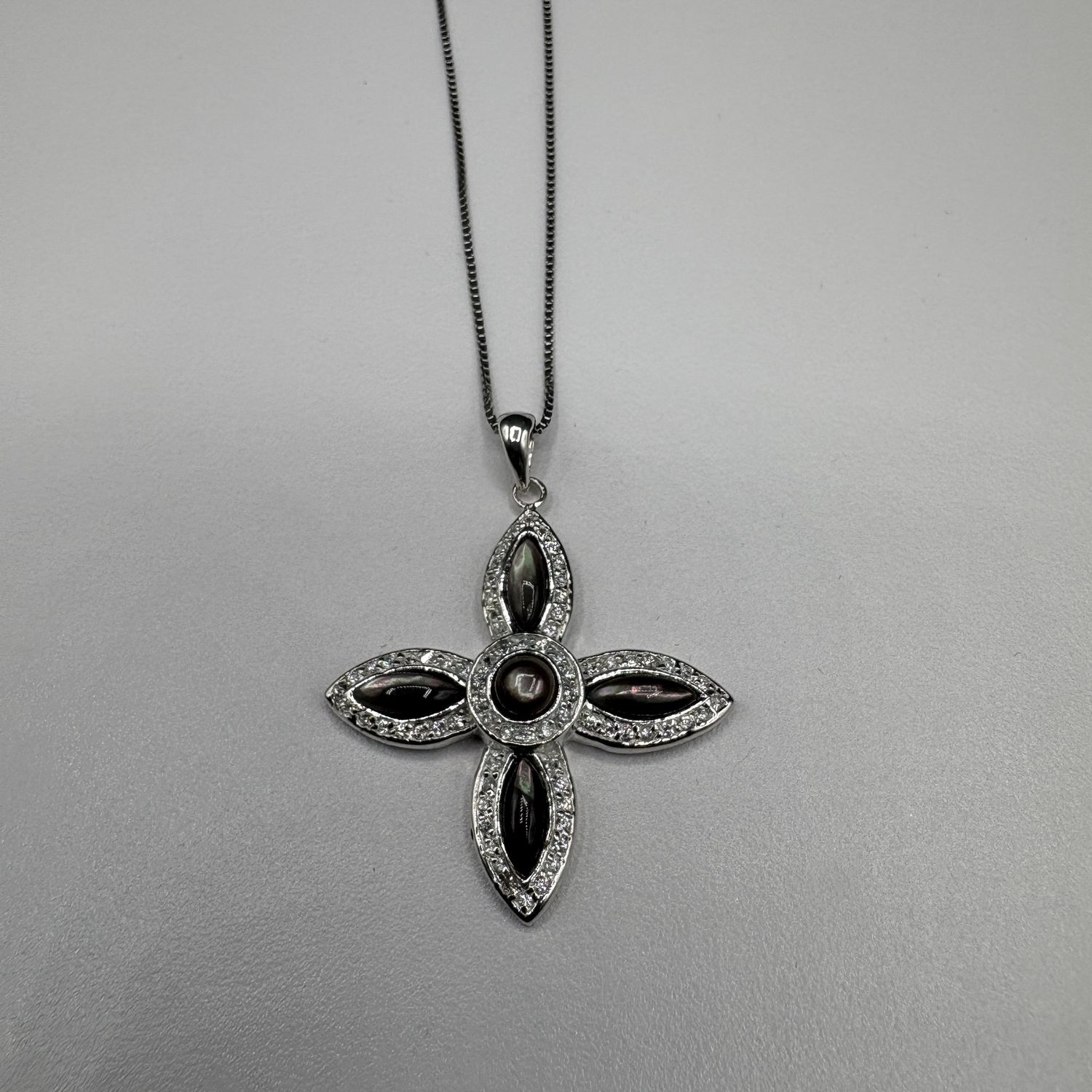 STERLING BROWN MOTHER OF PEARL &amp; CZ CROSS PENDANT WITH 20" CHAIN