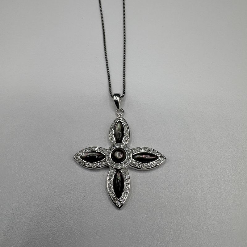 STERLING BROWN MOTHER OF PEARL &amp; CZ CROSS PENDANT WITH 20" CHAIN