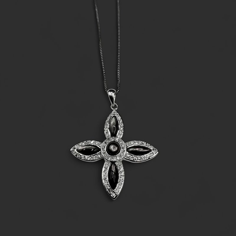 STERLING BROWN MOTHER OF PEARL &amp; CZ CROSS PENDANT WITH 20" CHAIN