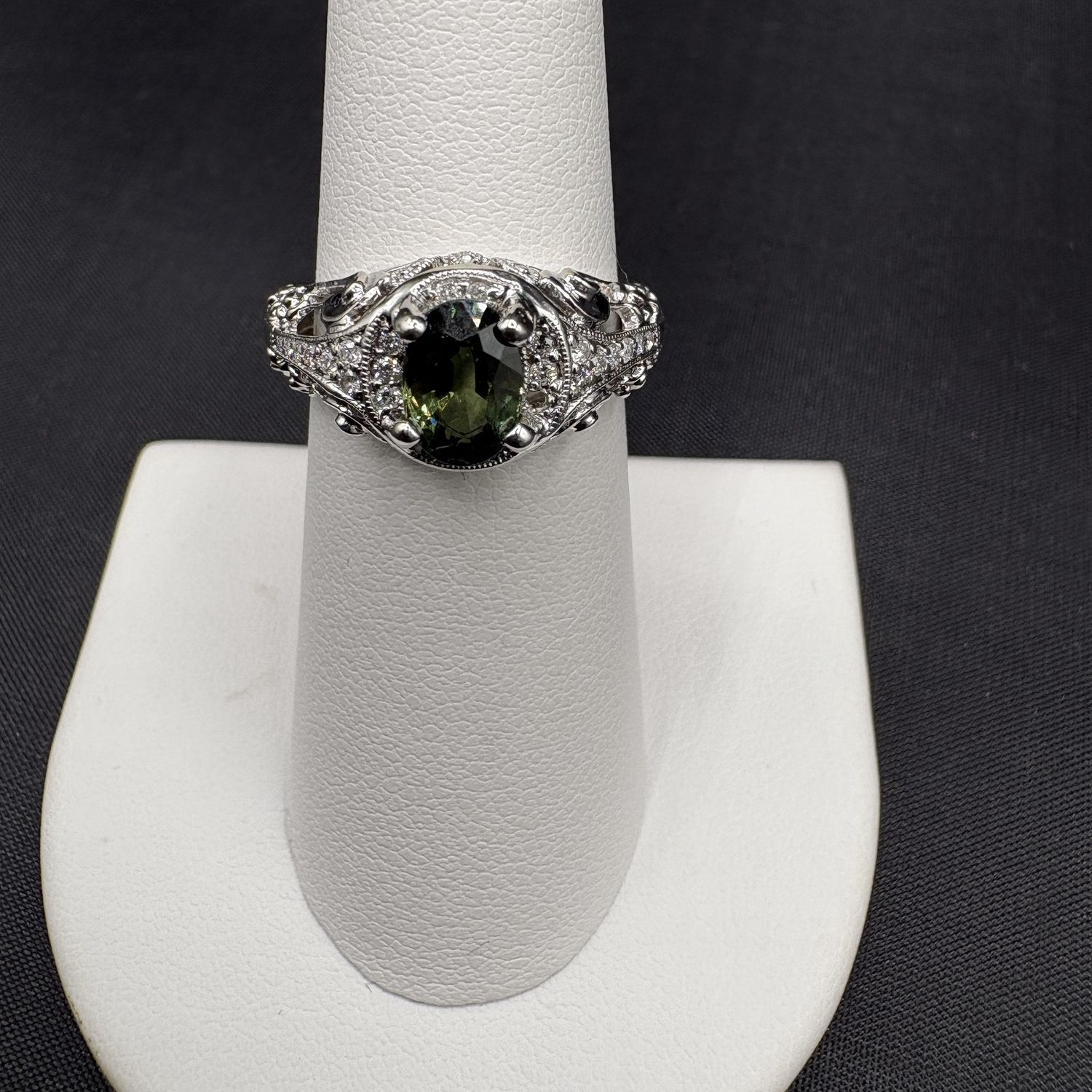 14K VINTAGE GREEN SAPPHIRE &amp; DIAMOND RING/WHITE GOLD SIZE 6