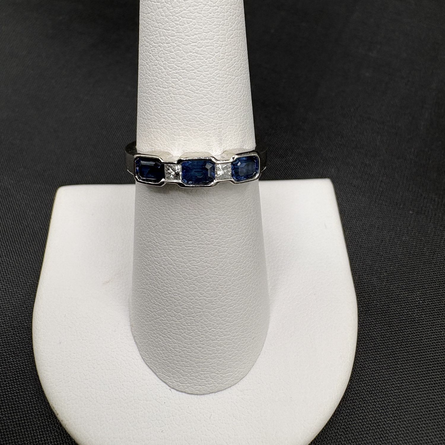 14K 3 LAB SAPPHIRE &amp; LAB DIAMOND BAND/WHITE GOLD SIZE 7