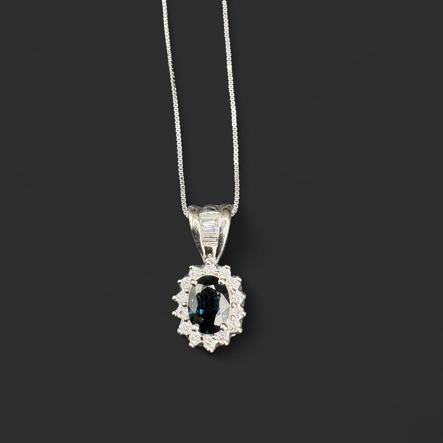 14K TEAL BLUE SAPPHIRE &amp; DIAMOND PENDANT/WHITE GOLD WITH 18" CHAIN