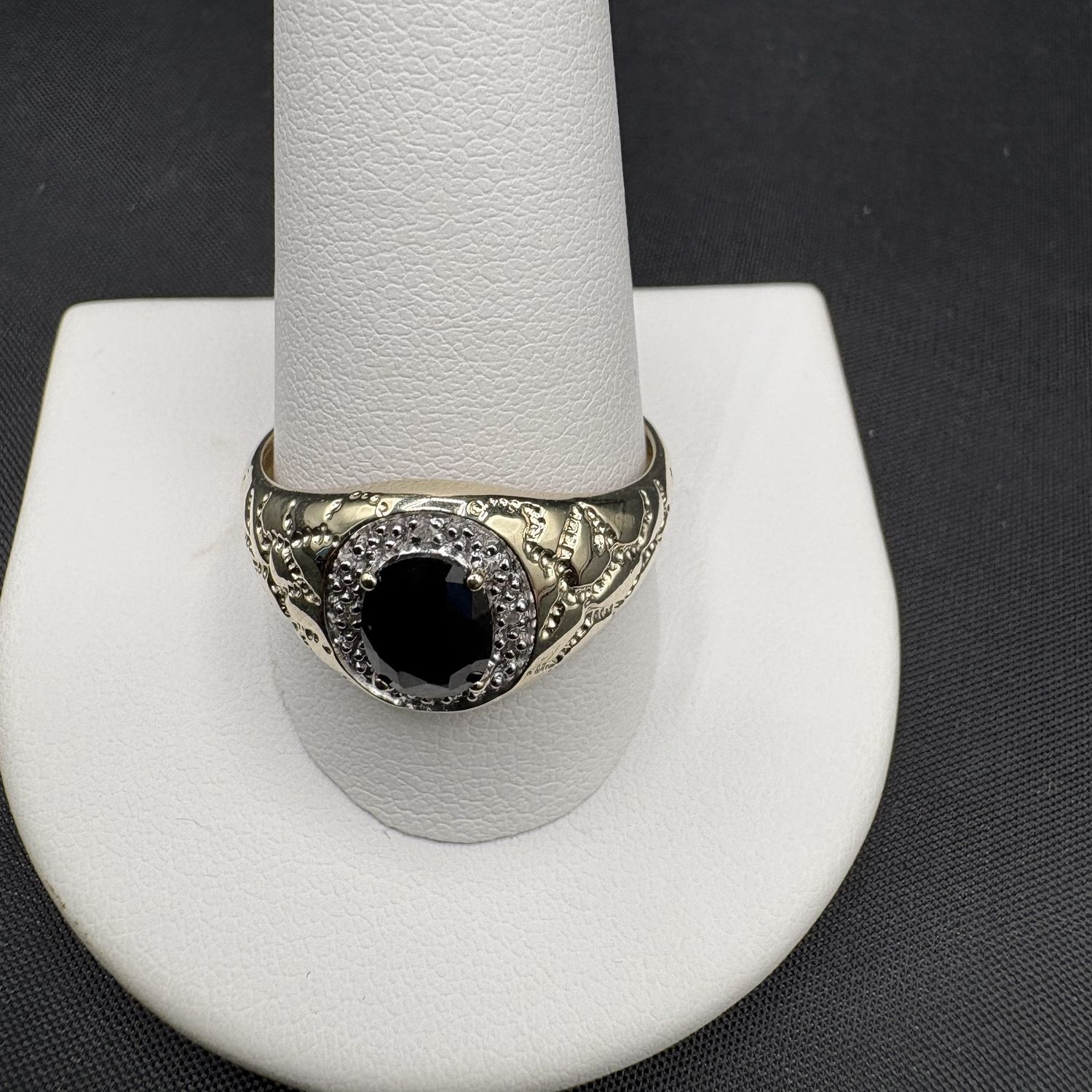 10K GOLD NUGGET RING W/ SAPPHIRE &amp; DIAMOND HALO/YELLOW GOLD SIZE 12.5