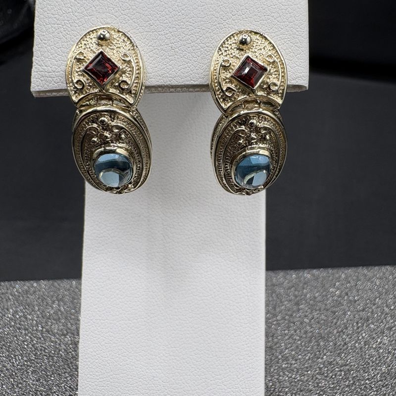 14K BLUE TOPAZ &amp; GARNET EARRING/YELLOW GOLD