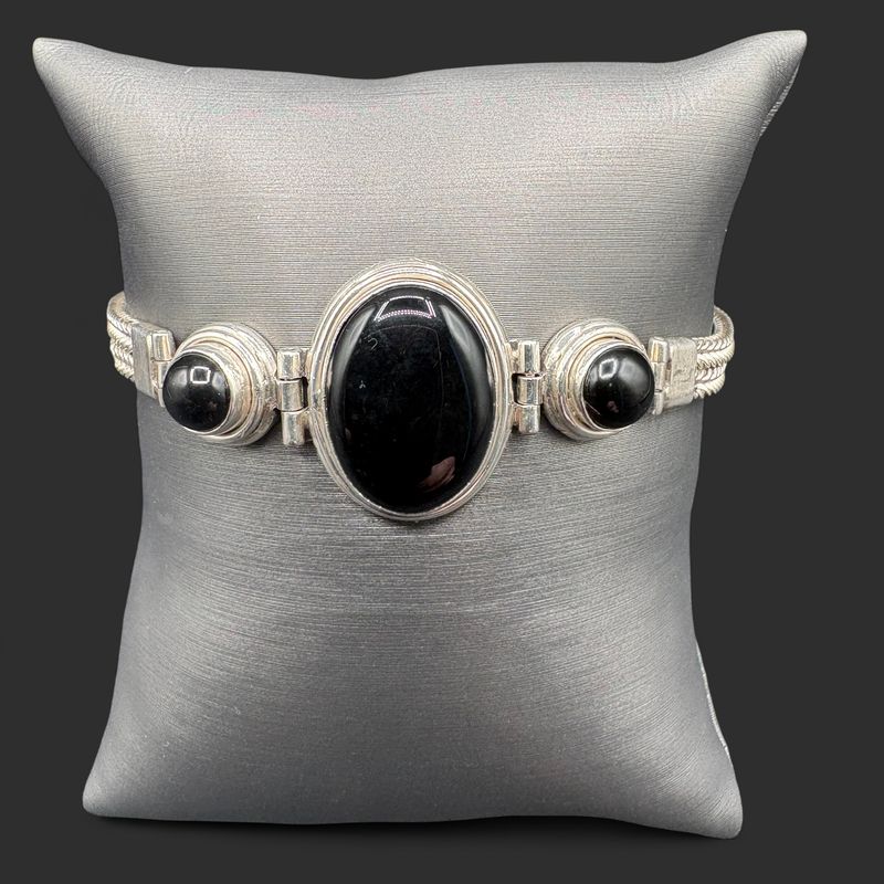 STERLING ONYX CABOCHON WHEAT BRACELET 8"