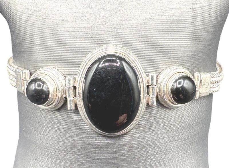 STERLING ONYX CABOCHON WHEAT BRACELET 8"