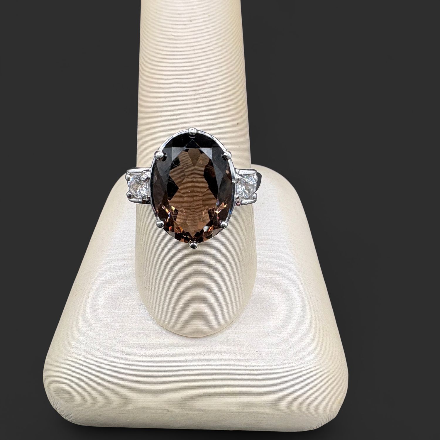STERLING SMOKEY QUARTZ WITH CZ RING SIZE 8