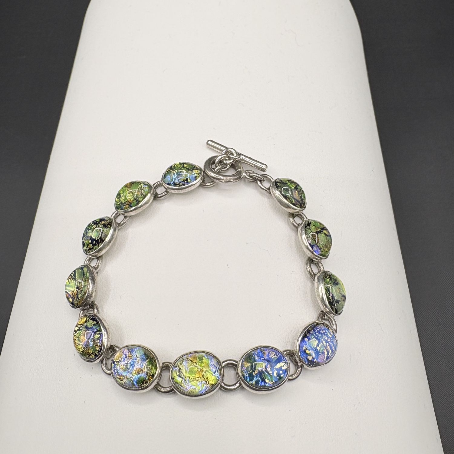 STERLING DICHROIC GLASS BEADED TOGGLE BRACELET 7"